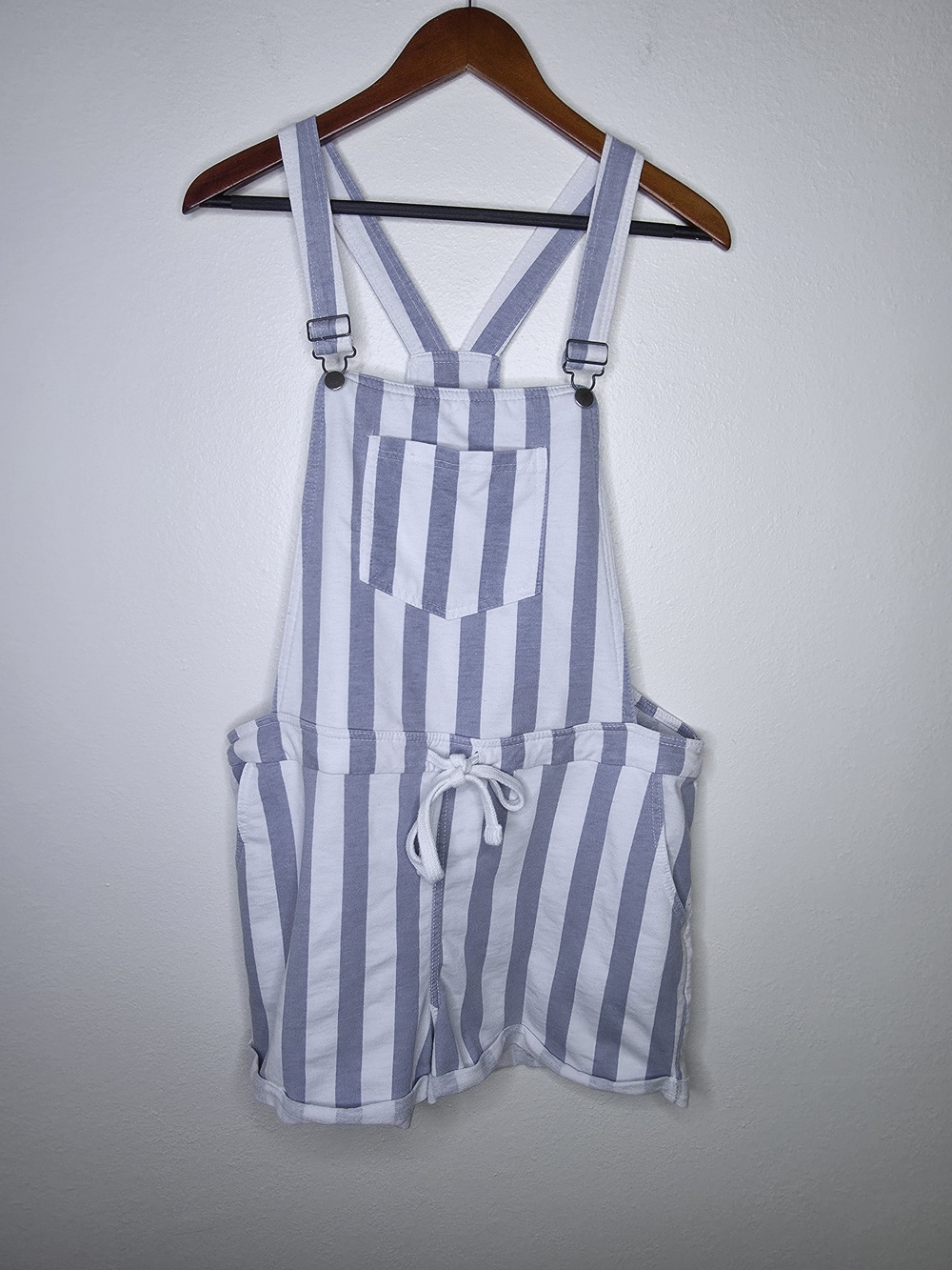 Striped Short Overalls Romper in Light Gray & White